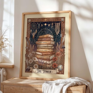 Dark Academia Book Stack Print, Tarot Mystic Library Poster, Celestial Reading Room Art