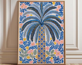 May include: A rectangular framed wall art print featuring a central palm tree with a patterned trunk in blue, white, and gold. The tree is surrounded by symmetrical blue foliage, small pink flowers, and yellow blossoms on a cream background.