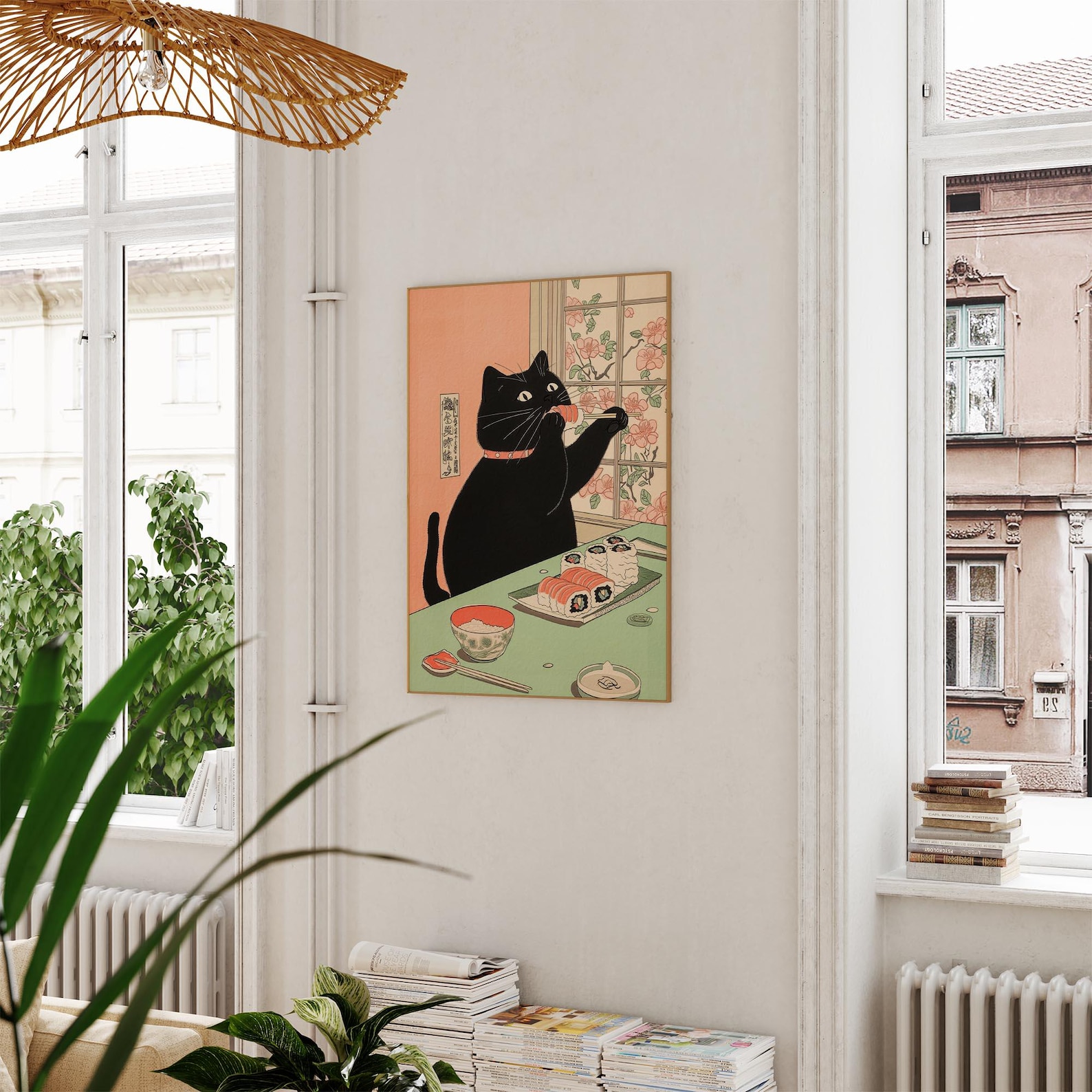 Japanese Black Cat Eating Sushi Art Print, Japan Wall Decor, Neutral ...