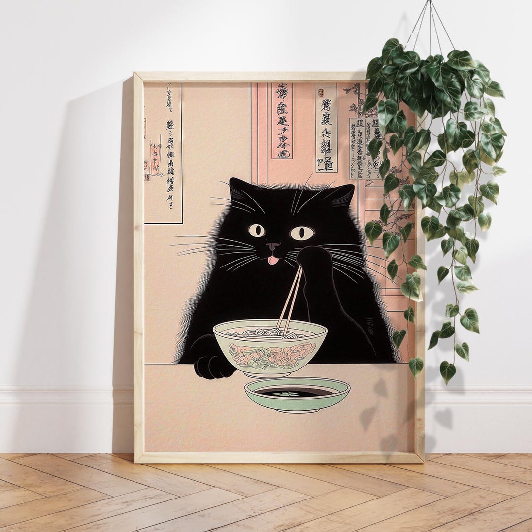 Funny Black Cat Ramen Noodles Poster, Japanese Kitchen Art Print - Etsy