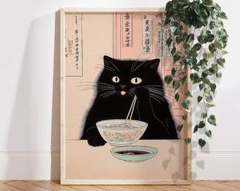 Póster de fideos ramen con un gato negro divertido, impresión artística de cocina japonesa
