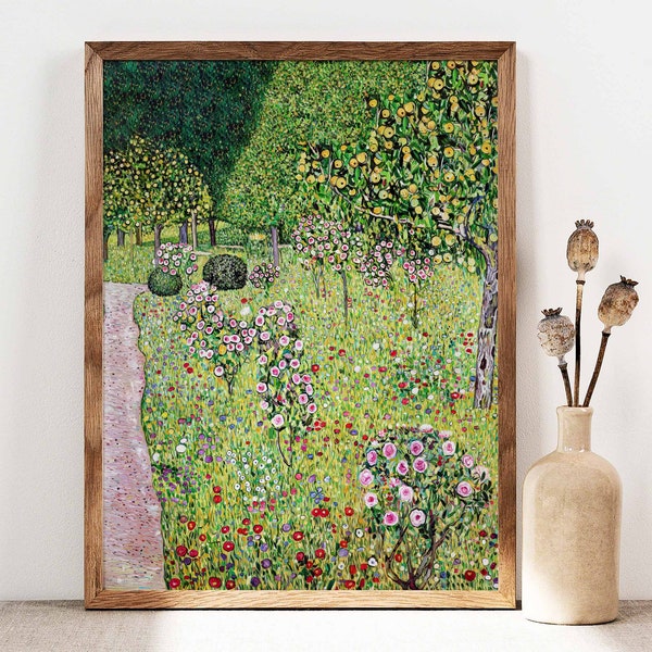 Verger Gustav Klimt avec affiche de roses, cottage de jardin, fleurs de Klimt, décoration murale florale, art mural printanier, idée cadeau, tableau de Klimt GK028