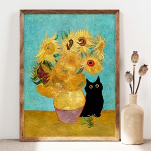 Vincent Van Gogh's Sunflowers Cat Print, Van Gogh Cat Poster, Black Cat Art Print, Funny Cat print, Funny gift, Home Decor Wall Art PS0513