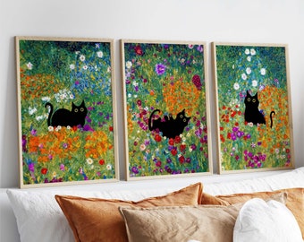 Art de chat noir, impression de chat de jardin de Gustav Klimt, affiche de chat de fleurs de Klimt, impression florale, impression de chat drôle, cadeau drôle, art de mur de galerie PS0545