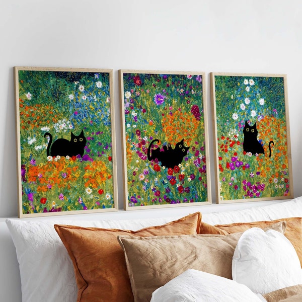 Arte del gato negro, impresión del gato del jardín de Gustav Klimt, cartel del gato de las flores de Klimt, impresión floral, impresión del gato divertido, regalo divertido, arte de la pared de la galería PS0545