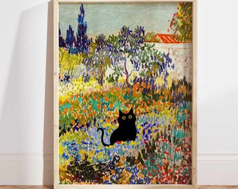 Zwarte kat kunst, Van Gogh tuinkat print, cottage bloemen zwarte kat poster, grappige kat print, grappig cadeau-idee kat in beroemd schilderij PS0515