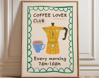 Coffee Lover Club Kitchen Print, Moka Pot Poster, Cute Cafe Wall Art, Retro Coffee Bar Decor, Every Morning Quote