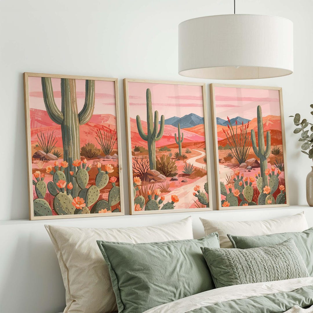 Set of 3 Pink Desert Cactus Prints, Southwestern Saguaro Landscape Art ...