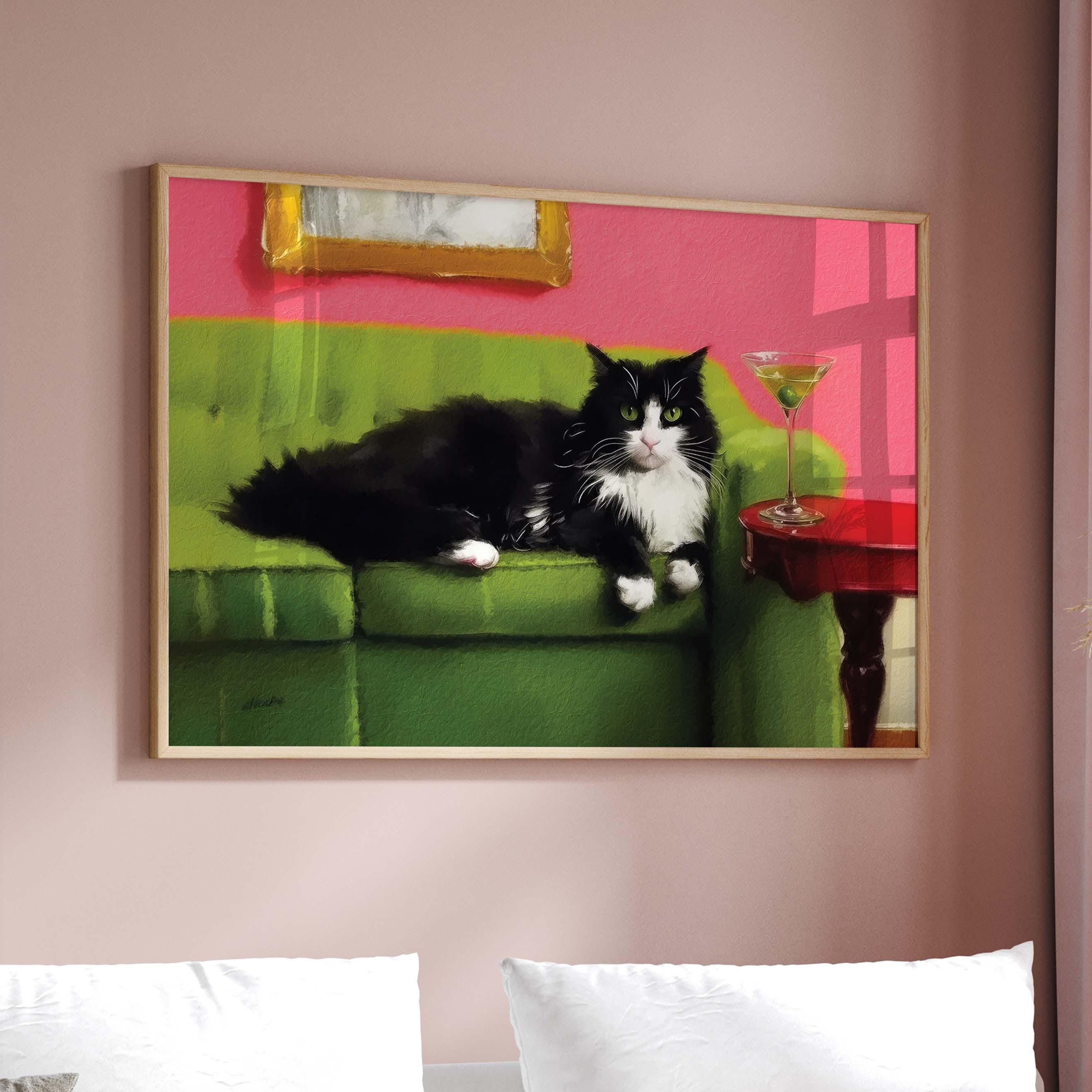 Tuxedo Cat With Martini Art Print, Cute Quirky Whimsical Wall Art ...