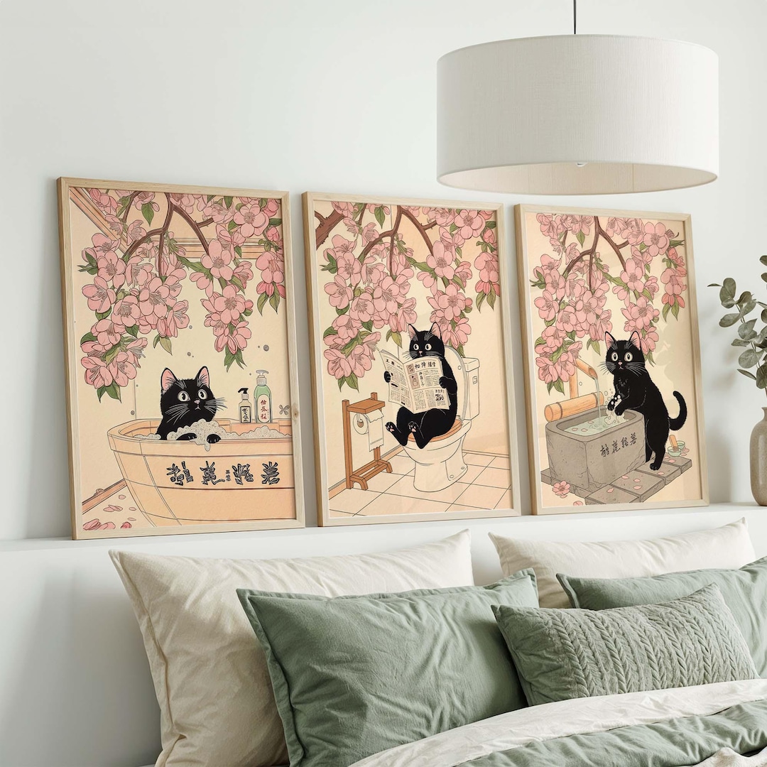 Cat Bathroom Wall Art Set, Pooping Cat Funny Japanese Black Cat Prints ...
