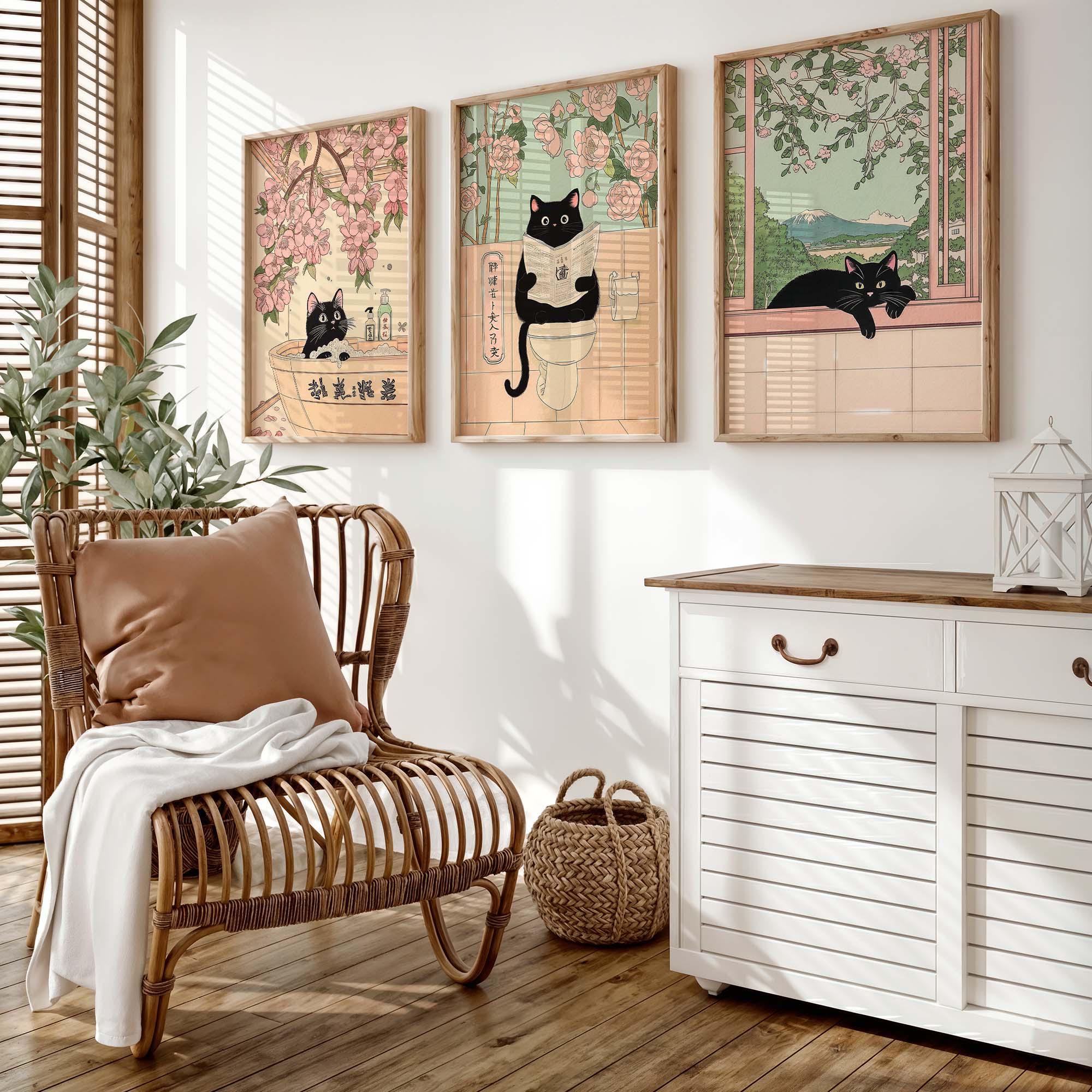 Black Cat Bathroom Wall Art Set of 3, Japanese Style Cat Pooping Funny ...