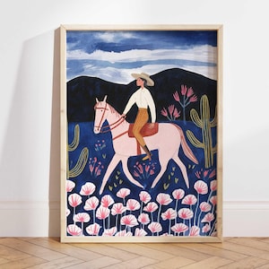 Cowgirl Desert Art Print – Pink Horse Western Wall Art, Southwestern Cactus Illustration Poster, Boho Nursery Decor