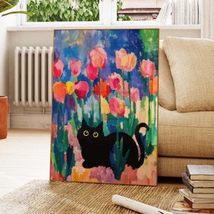 Schwarze Katze Druck, Matisse Katze Poster, Tulip Garten Druck, Lustige Katze Druck, Lustiges Geschenk, Haus Wand Kunst, Katze in Malerei, Geschenk Katzenliebhaber PS0577
