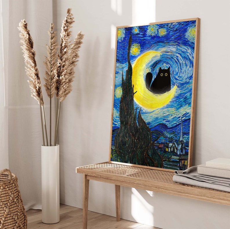 Vincent Van Gogh's The Starry Night Cat Print, Van Gogh Cat Poster, Black Cat Art, Funny Cat print, Funny gift, Home decor Poster PS0183 image 2