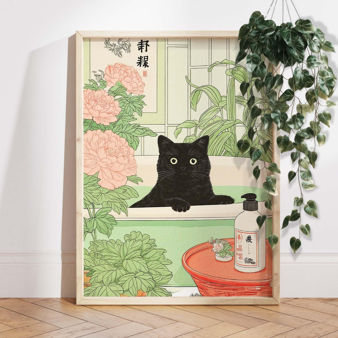 Black Cat Japanese Bath Art Print, Floral Bathroom Wall Decor, Cute Cat ...