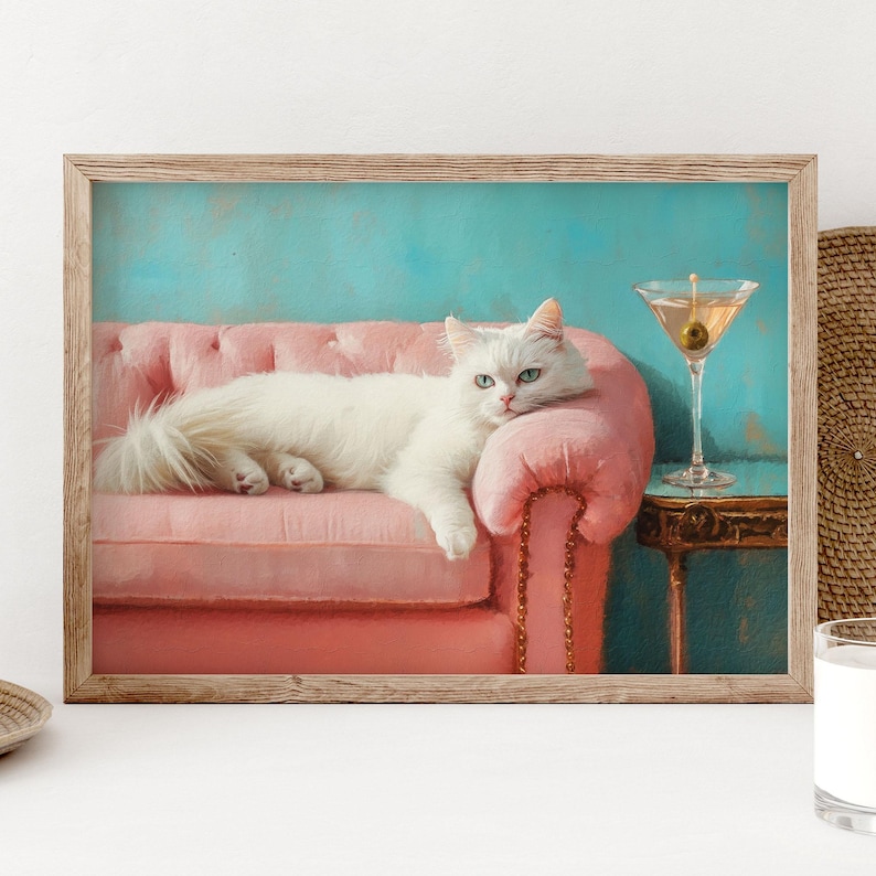 White Cat With Martini Art Print, Cute Quirky Whimsical Wall Art, Pink ...