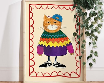 Cool Cat Hipster Nursery Wall Art, Colorful Animal Print for Kids Room, Fun Toddler Boy Decor, Modern Cartoon Kitty Poster, Play Room Art