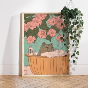 Gato británico de pelo corto en la bañera Decoración de baño japonesa, impresión artística japonesa, arte de pared estético, póster de flores de loto, regalo para amantes de los gatos PS0717