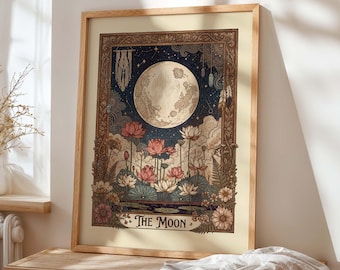 Moon Tarot Art Print – Art Nouveau Lotus, Botanical Celestial Poster
