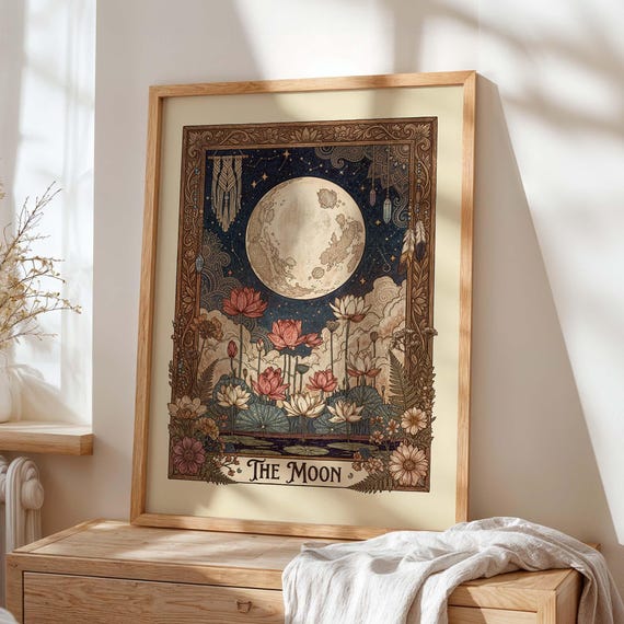 Moon Tarot Art Print – Art Nouveau Lotus, Botanical Celestial Poster