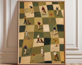 Vintage Golf Poster, Checkerboard Golf Course Wall Art, Retro Golfer Print, Mid Century Sports Decor, Golf Lover Gift