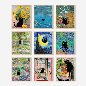 黒猫アートポスター、クリムトの庭猫プリント、モネの花猫ポスター、絵画プリントの面白い猫、面白いギフト、ギャラリーウォールアートギフト