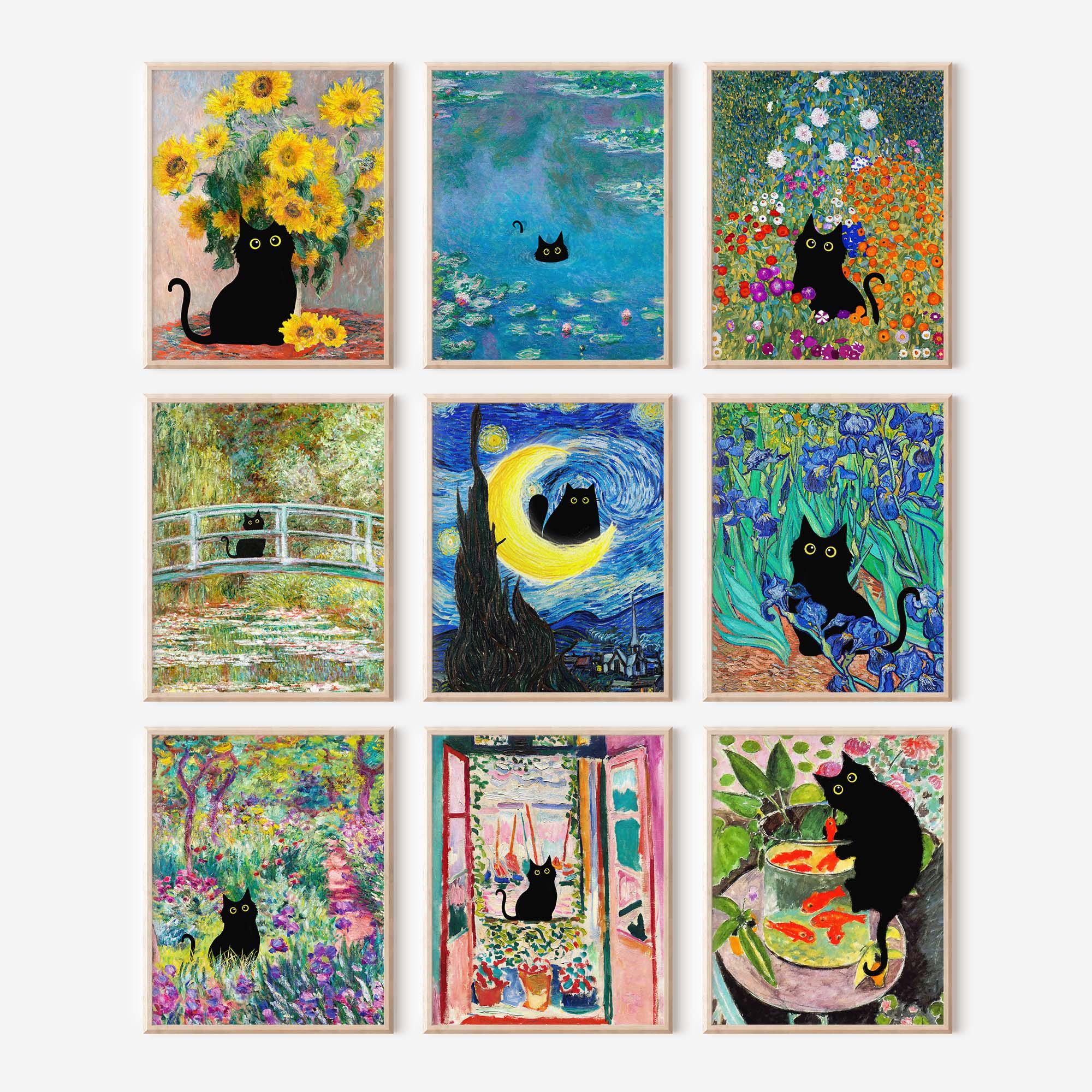 Black Cat Art Posters, Klimt Garden Cat Print, Monet Flowers Cat Poster, Funny Cat in Painting Print, Funny gift, Gallery Wall Art Gift