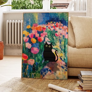 Impression de chat noir, affiche de chat Matisse, impression de jardin de tulipes, impression de chat drôle, cadeau drôle, art mural maison, chat en peinture, cadeau pour amoureux des chats PS0575