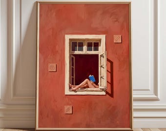 Woman Reading in Window Print, Terracotta Reading Nook Wall Art Print, Minimalist Book Lover Decor, Slow Living Gift