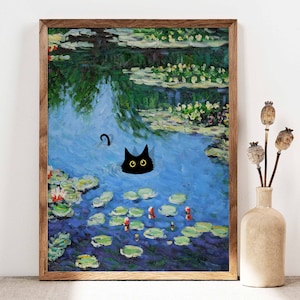 Black Cat Poster, Monet Waterlily Cat Print, Claude Monet Cat Poster, Cat Art, Funny Cat print, Funny gift Idea, Home decor Poster PS0470