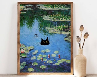 Black Cat Poster, Monet Waterlily Cat Print, Claude Monet Cat Poster, Cat Art, Funny Cat print, Funny gift Idea, Home decor Poster PS0470