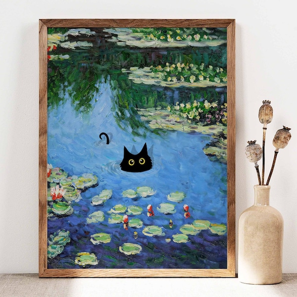 Black Cat Poster, Monet Waterlily Cat Print, Claude Monet Cat Poster, Cat Art, Funny Cat print, Funny gift Idea, Home decor Poster PS0470