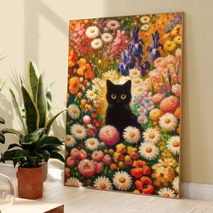 Black Cat Print, Klimt Garden Flowers Cat Poster, Black Cat Art, Floral Print, Funny Cat print, Funny gift idea, Home decor Poster PS0522