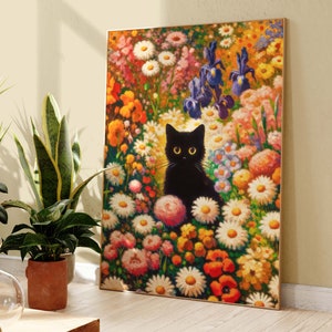 Zwarte kat print, Klimt Garden bloemen kat poster, zwarte kat kunst, bloemenprint, grappige kat print, grappig cadeau-idee, interieur poster PS0522