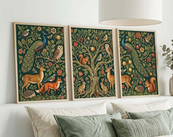 William Morris Tree of Life Print Set, Vintage Botanical Animal Art