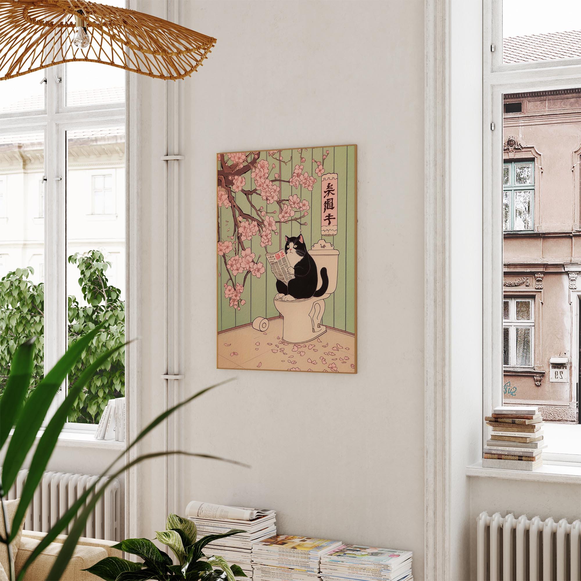 Tuxedo Cat on a Toilet Japanese Print, Funny Bathroom Print, Toilet ...