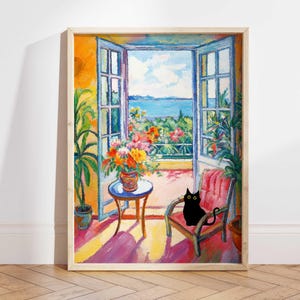 Black Cat Print, Open Window Cat Poster, Cat Art, Floral Print, Funny Cat print gift, Fowers Poster, Black Kitten Gift Idea, Wall Art PS0511