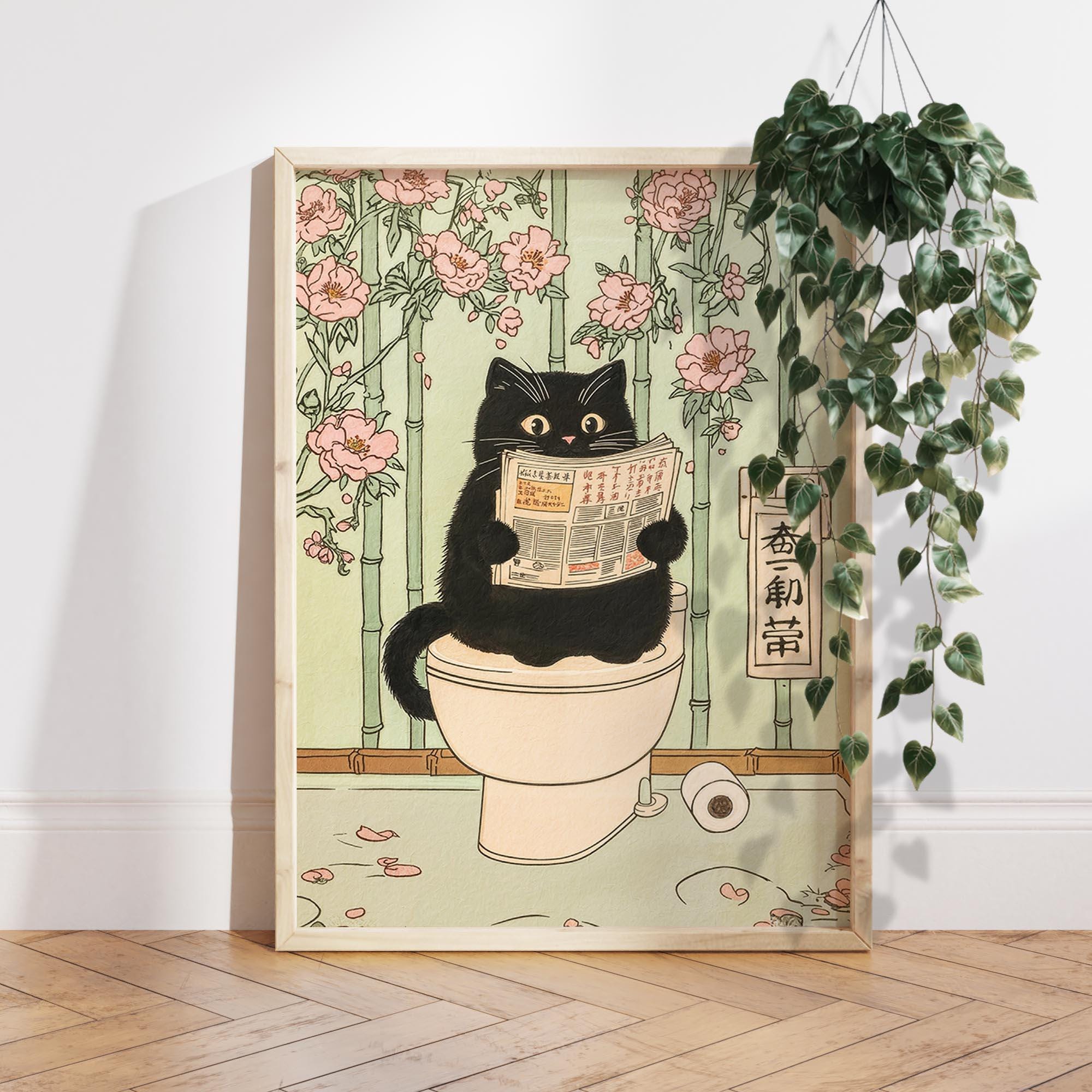 Cat on Toilet Japanese Poster Gift, Black Cat Toilet Art Print, Funny ...