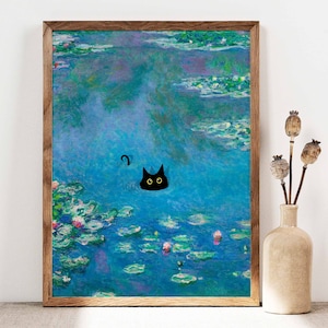 Monet Waterlily Cat Print, Claude Monet Cat Poster, Black Cat Art, Floral Print, Funny Cat print, Funny gift, Home decor Poster PS0016 image 1