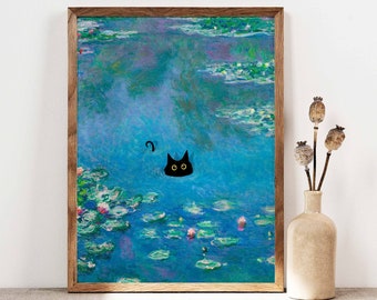 Monet Waterlily Cat Print, Claude Monet Cat Poster, Black Cat Art, Floral Print, Funny Cat print, Funny gift, Home decor Poster PS0016