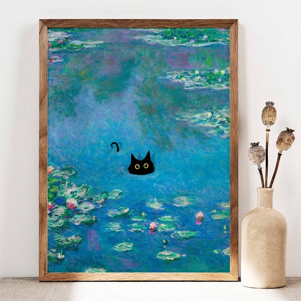 Monet Waterlily Cat Print, Póster de Claude Monet Cat, Arte de gato negro, Estampado floral, Estampado de gato divertido, Regalo divertido, Póster de decoración del hogar PS0016