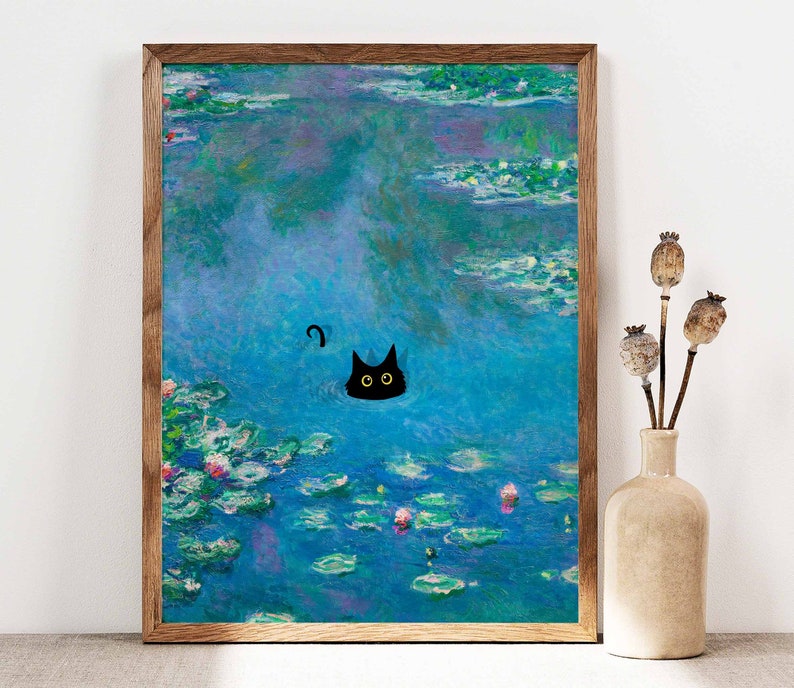 Monet Waterlily Cat Print, Claude Monet Cat Poster, Black Cat Art, Floral Print, Funny Cat print, Funny gift, Home decor Poster PS0016 image 1