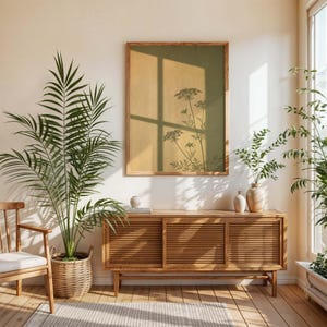Väggkonst med fönsterskugga i vildblomma, botaniskt tryck med drottning Annes spets, affisch med senapsgult fönsterljus, olivgrön Japandi-dekor bild 3