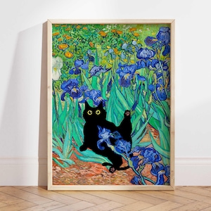 Cat Print Van Gogh Irises Black Cat Poster, Black Cat Wall Art, Floral Print, Funny Cat print gift, Home decor Poster PS0654