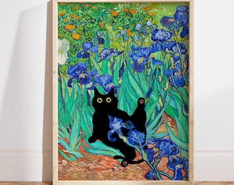 猫のプリント ゴッホ アイリス 黒猫ポスター、黒猫ウォールアート、花