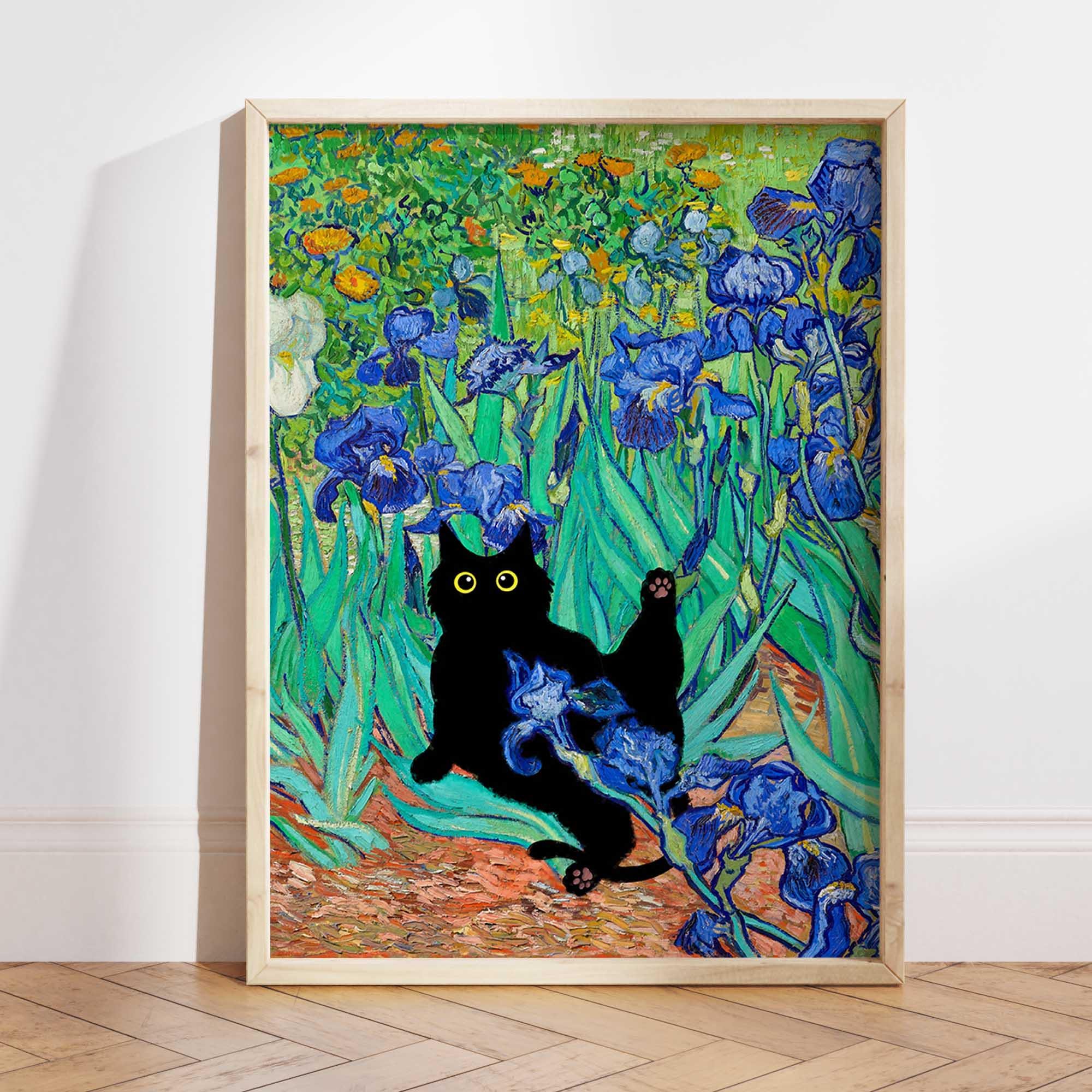 面白い黒猫アートポスターヴィンテージゴッホひまわり猫 キャンバス