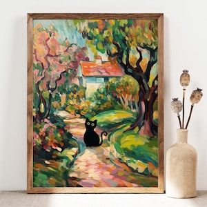 Black Cat Print, Cottage Garden Cat Poster, Cat Art, Floral Print, Funny Cat print, Funny gift, Fowers Poster, Black Kitten Gift Idea C005