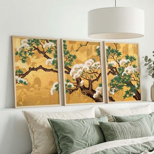 Japanese Pine Tree Triptych Wall Art, Gold Botanical Zen Prints Above Bed