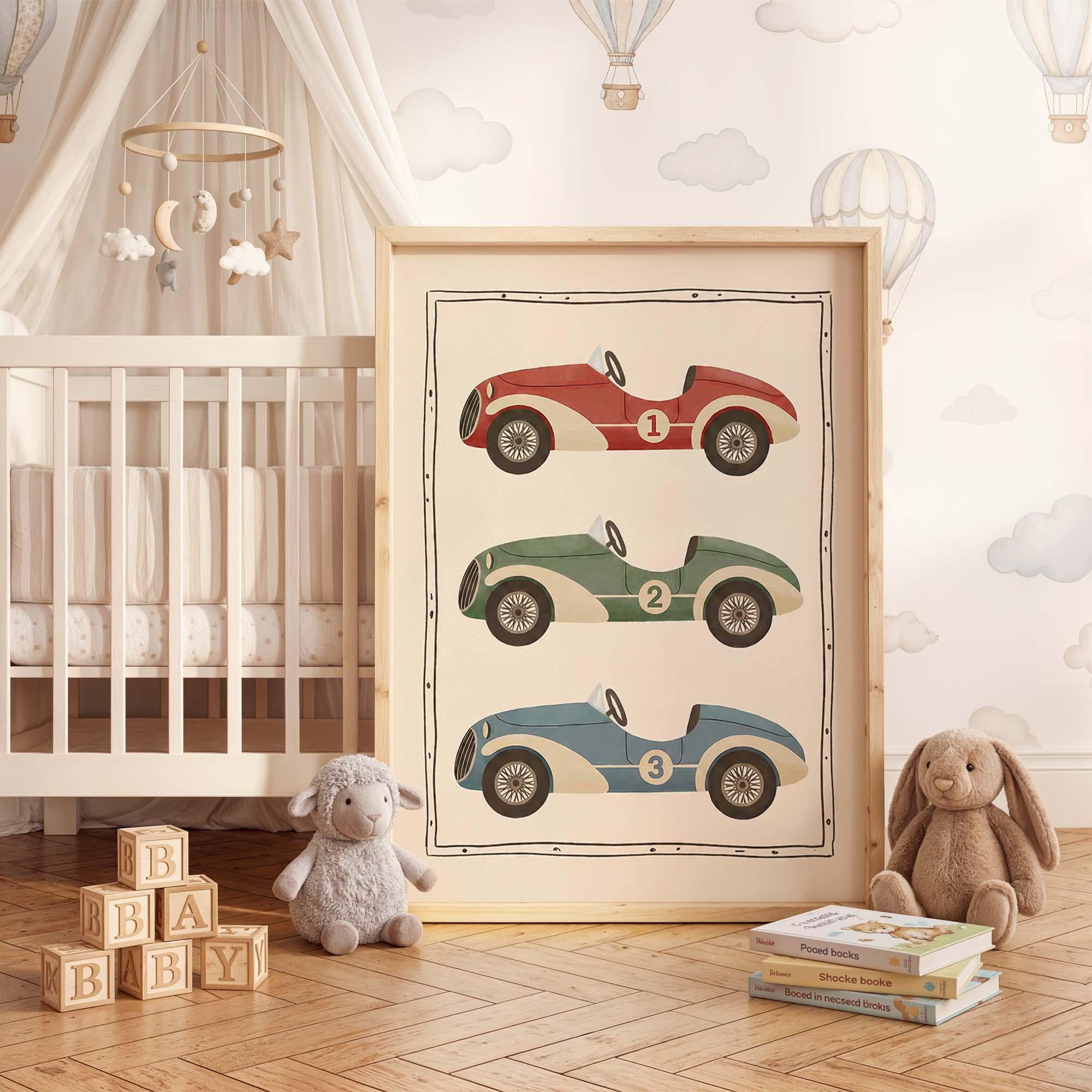 Vintage Race Car Nursery Art, Retro Boys Room Poster, Colorful ...