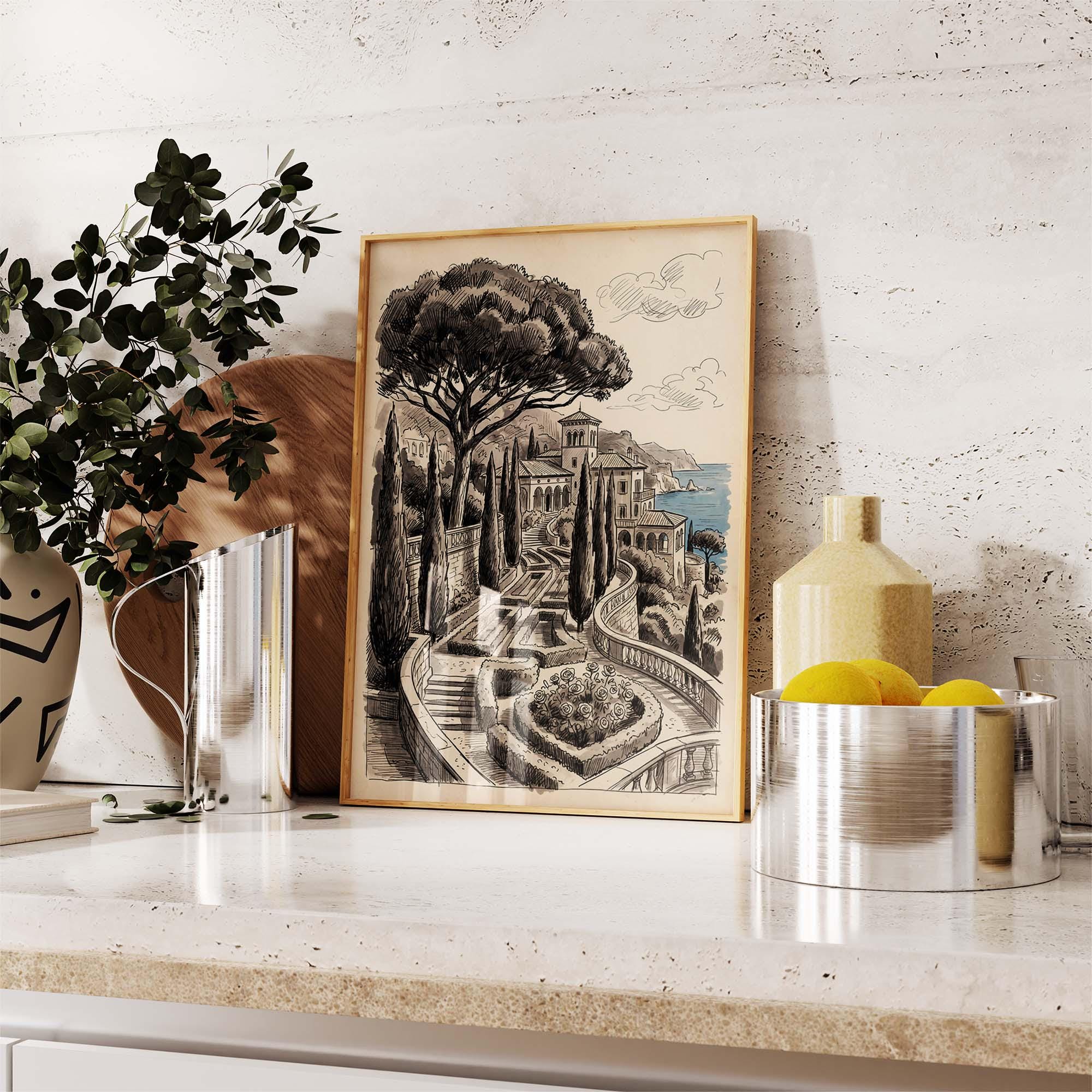 Italian Villa Wall Art Print, Black and White Garden Sketch Poster ...